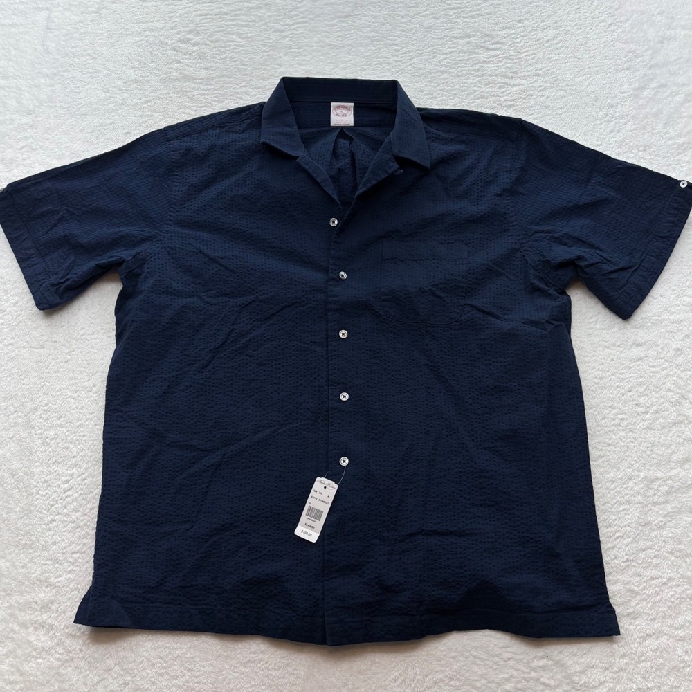 Brooks Brothers Mens XL Navy Blue Textured Camp Collar Short Sleeve Shirt NEW